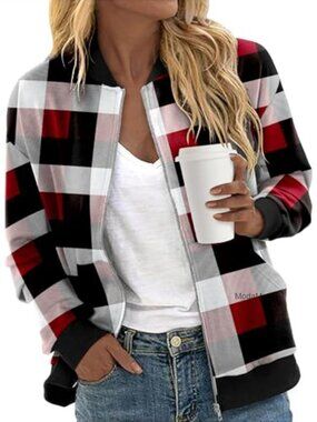 Long Sleeve Zip Up Bomber Jacket Casual Fall Coat Windbreaker with Pockets